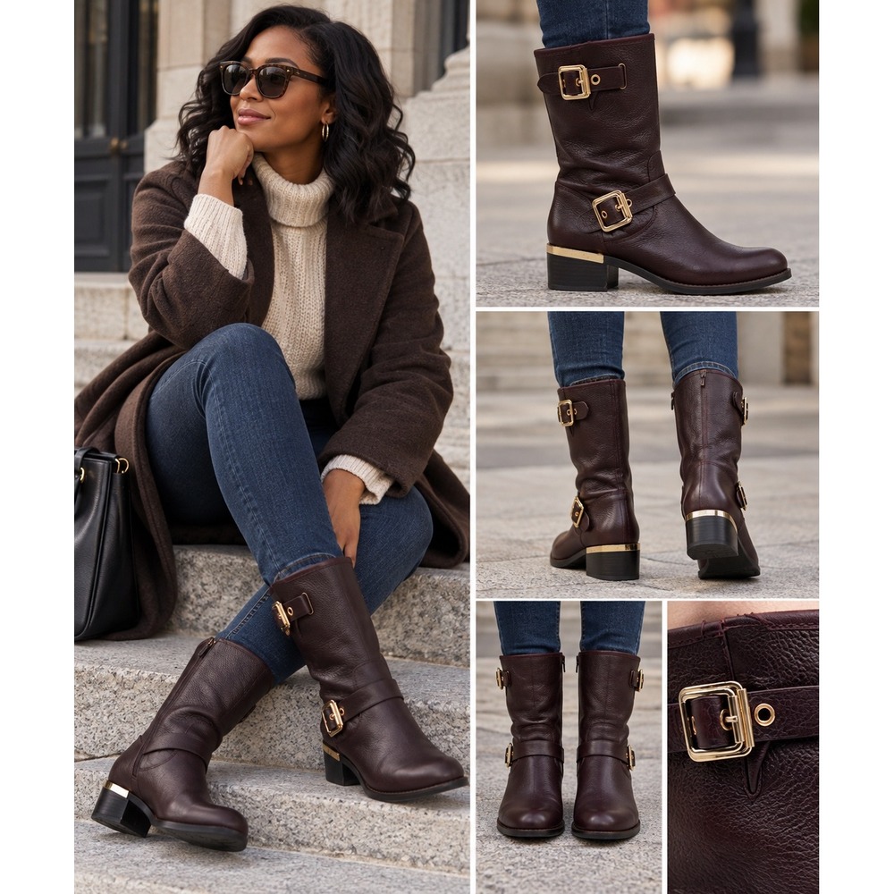Vince Camuto Bendra Boots Womens 11M Burgundy Leather Gold Buckle Excellent